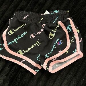 Champion Black Athletic Shorts with Pastel Script and Pink Trim